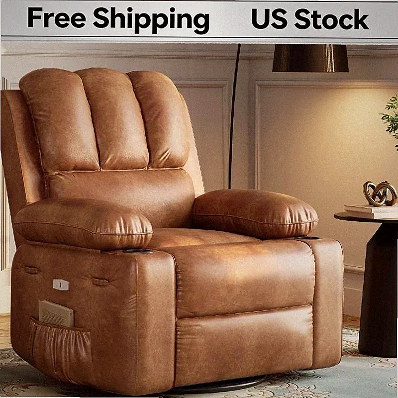 Massage Heat Power Recliner Chair for Adults Swivel Leather USB Side Pockets