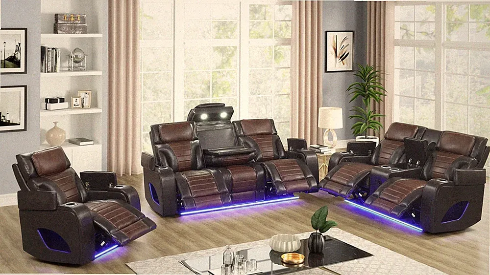 NEW LED Power Recliner 3PC Sofa Loveseat Chair Brown Set Bluetooth Speaker & USB
