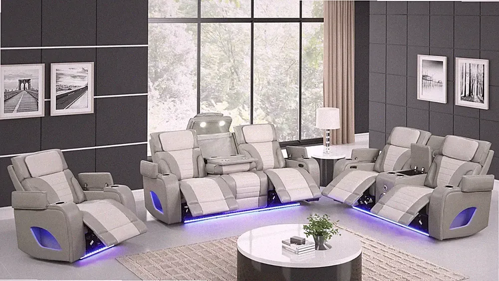 NEW LED Power Recliner 3PC Sofa Loveseat Chair Gray Set Bluetooth Speaker & USB
