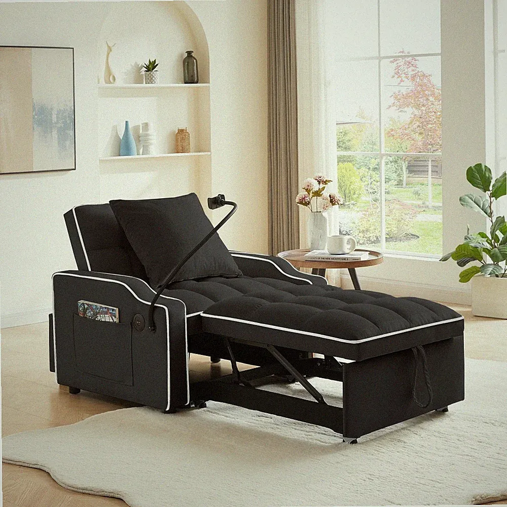 Sleeper Sofa Chair Bed for Small Space w/ USB-C & Phone Holder, Recliner